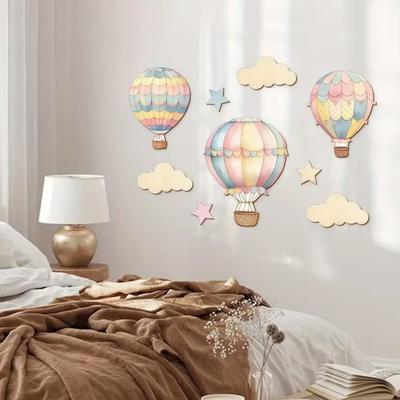 9 Pcs Hot Air Balloon Wall Decor with Clouds Stars Boho Nursery Wooden Wall Sign for Bedroom Classroom Playroom Wall Art