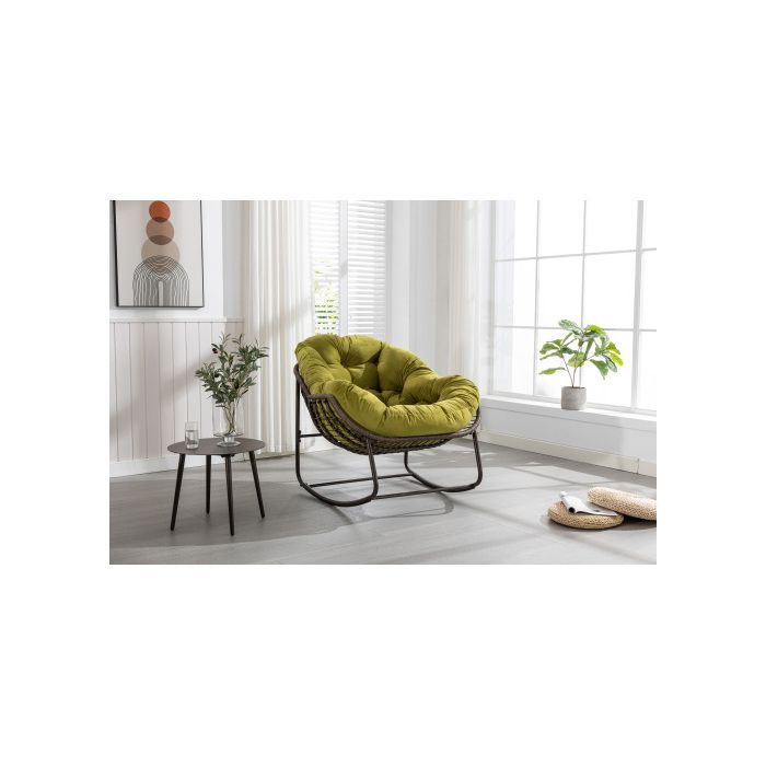 Venkovní houpací křeslo z ratanu s opěradlem, vhodné na verandy, do obývacích pokojů, na terasy a do zahrad, olivově zelené