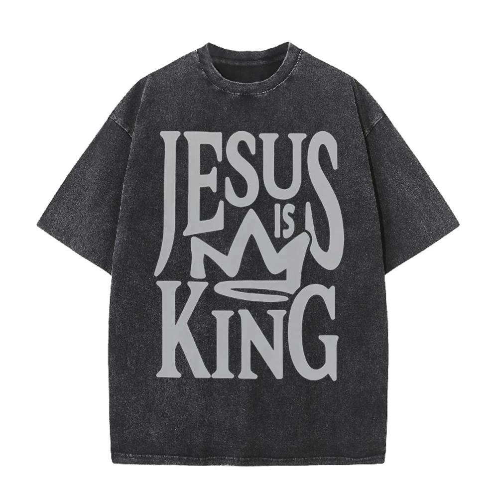 2026 Jesus Is King Crown Letter Graphic Black Acid Washed T Shirt Christian Faith Casual Oversized Unisex Short Sleeve Streetwea