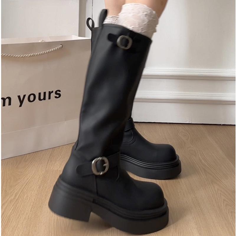 Amerikanske svarte knehøye plattformstøvletter med tykk hæl for kvinner 2025 nye vår- og høststøvletter i britisk stil tynne ridestøvletter