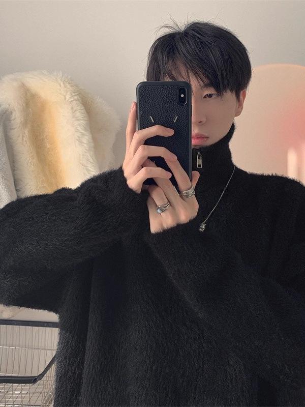 Herren Trendiger Strick-Halbreißverschluss-Pullover: Dick, Locker, Mittelhoher Kragen für Herbst und Winter