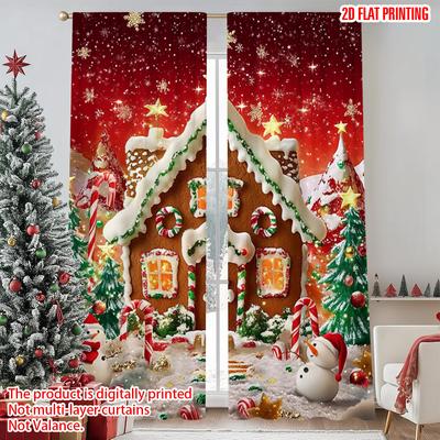 2pcs 2D Flat Printing Christmas Curtains Merry Christmas Gingerbread House with Santa Tree Lollipop Party Versatile Fabric