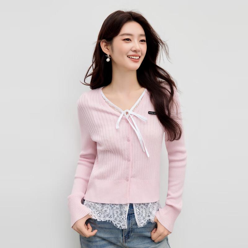 Women s Short V-Neck Knit Cardigan with Lace Trim S