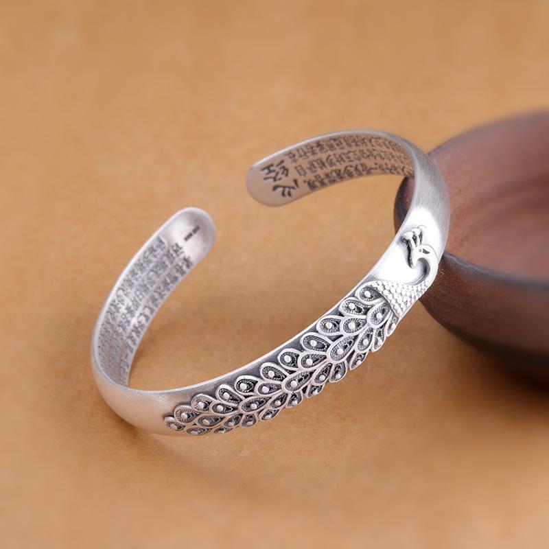 Vintage buddhistischer Herz-Sutras-Ring für Frauen, Schmuck, exquisiter geschnitzter Pfau-Armreif, weibliches Party-Zubehör