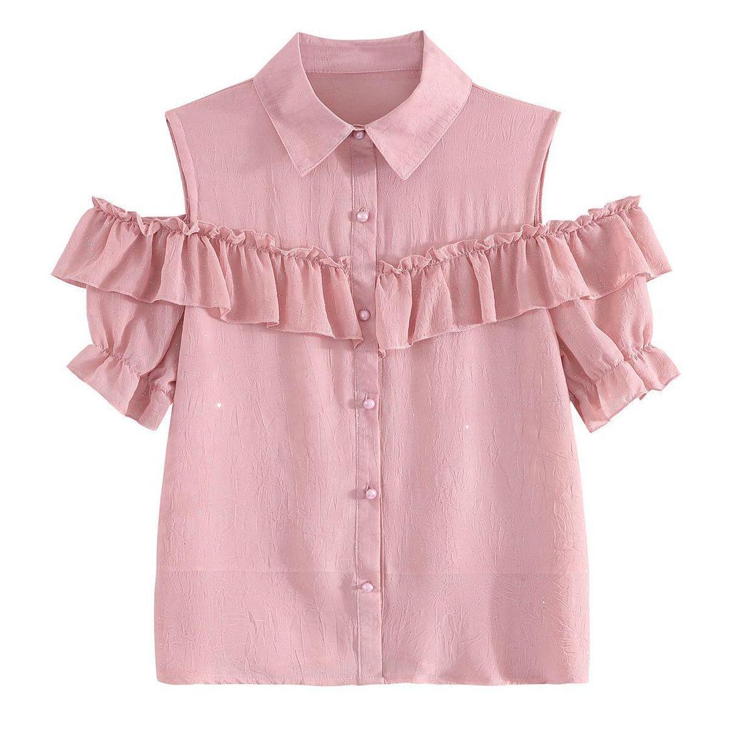 Schicke schulterfreie Chiffonbluse mit Rüschen - Damen Sommer 2024 Kurzarm-Top