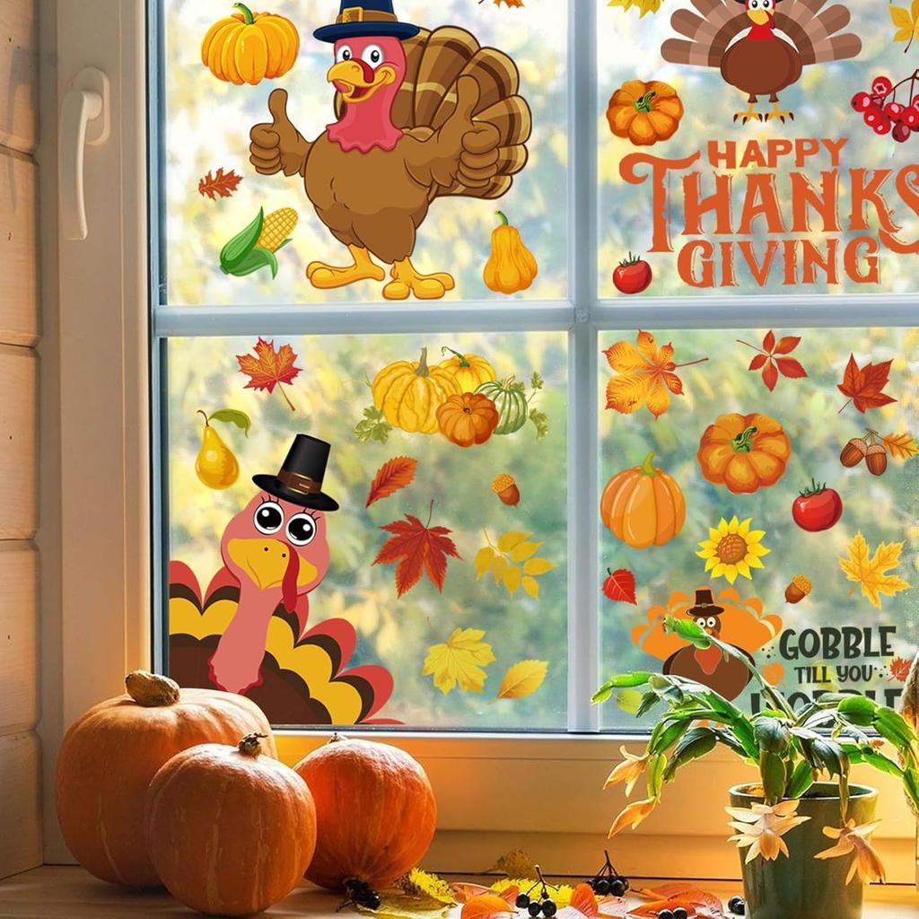 143 Pcs Thanksgiving Window Clings for Glass Windows Fall Window Stickers Seasonal Turkey Pumpkin Maple Leaf Decals Decorations for Thanksgiving