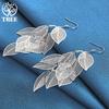 925 Sterling Silver Woman Layered Hollow Leaves Tassel Long Drop Earrings Jewelry