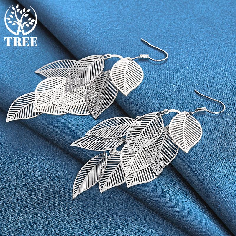 925 Sterling Silver Woman Layered Hollow Leaves Tassel Long Drop Earrings Jewelry