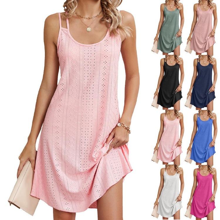 Women Summer Casual Sleeveless U Neck Eyelet Print Solid Short Beach Vacation Fashion Lightweight Breathable Comfortable Dress