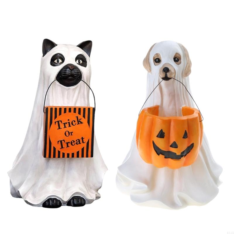 KX4B for Creative Halloween Dog for Cat Statues with Pumpkin Candy Holder Bowl Bucket Sugar Dish Resin Ornament Trick or