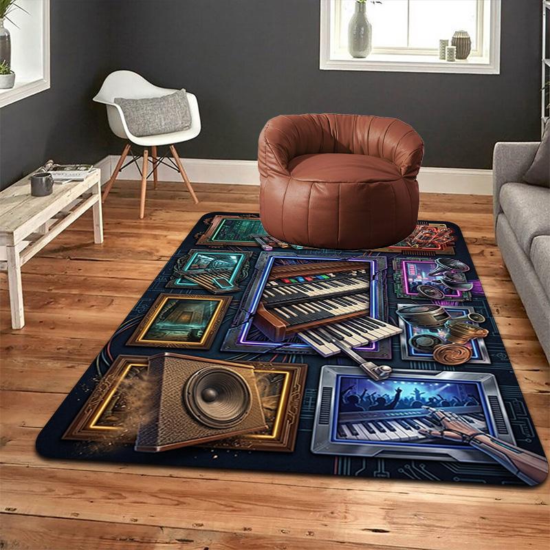Cyberpunk Music Instruments Pattern Rug Floor Mat for Living Room or Bedroom Soft and Comfortable Carpet a Gift for Birthday and Holiday.