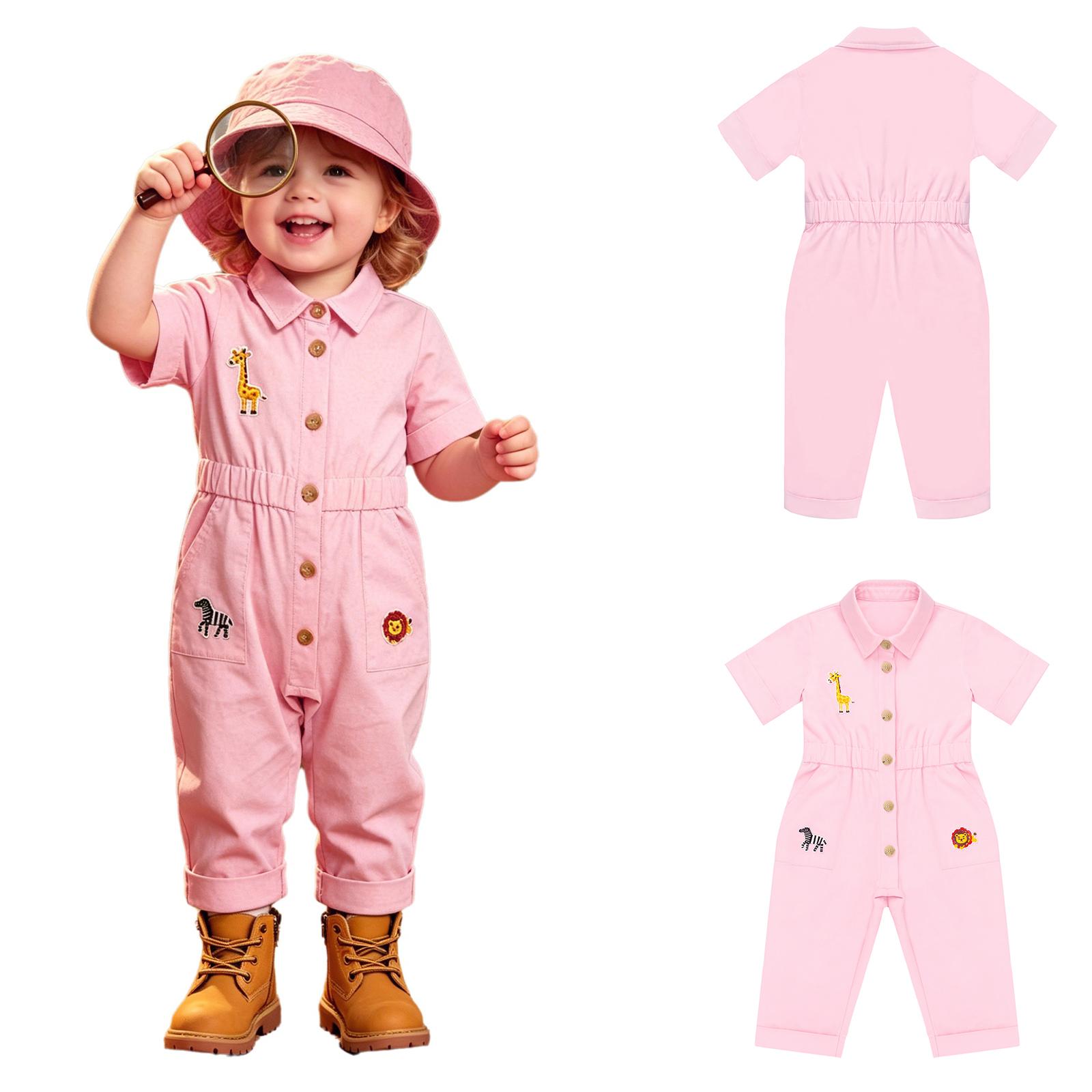Kleinkind Baby Jungen Mädchen Tierpfleger Overall Umlegekragen Kurzarm Elastische Taille Niedliche Tierstickerei Body für Zoo Kostüm 6-9Months rosa