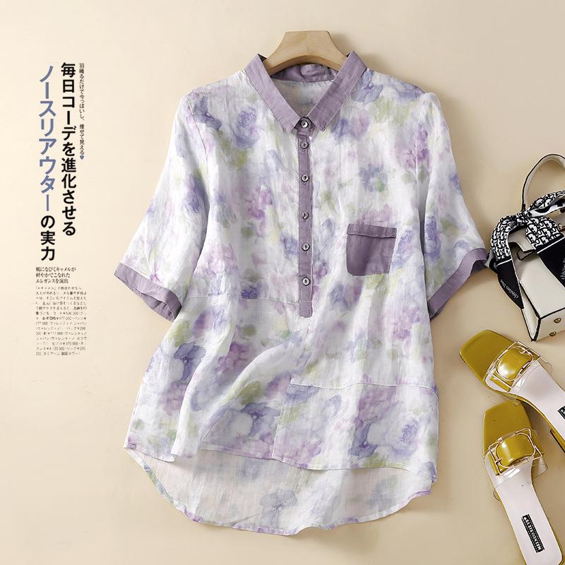 

Женская рубашка поло с коротким рукавом, из хлопка и льна с принтом, лето 2025, литературная и ретро, свободная и тонкая, с цветочным пуловером XL фиолетовый