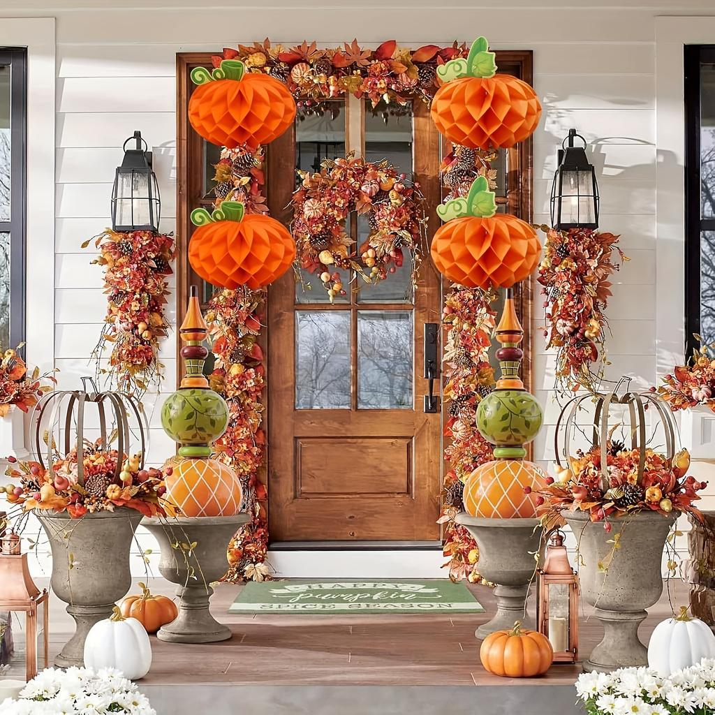 6PCS Tissue Paper Pumpkin - 3D Honeycomb Hanging Ornaments & Table Centerpieces - for Halloween, Thanksgiving, Fall Festival Decor (20cm)