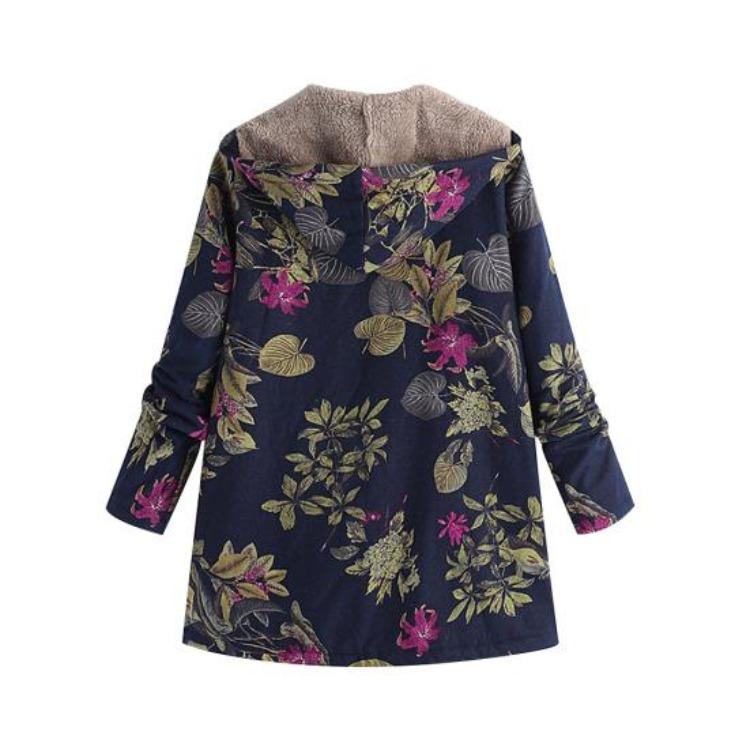 Women Fleece Lining Winter Hooded Coat Floral Leaf Print Long Sleeve