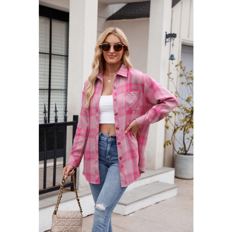 Vår og høst for kvinner Uformelt mote Spice Girls Løs rutete skjorte