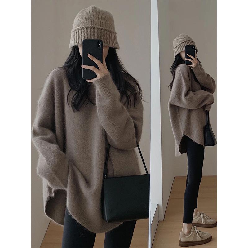 Autumn and Winter Pullover Sweater Women's Medium and Long Gentle Lazy Wind Curved Hem Top Women's High-end