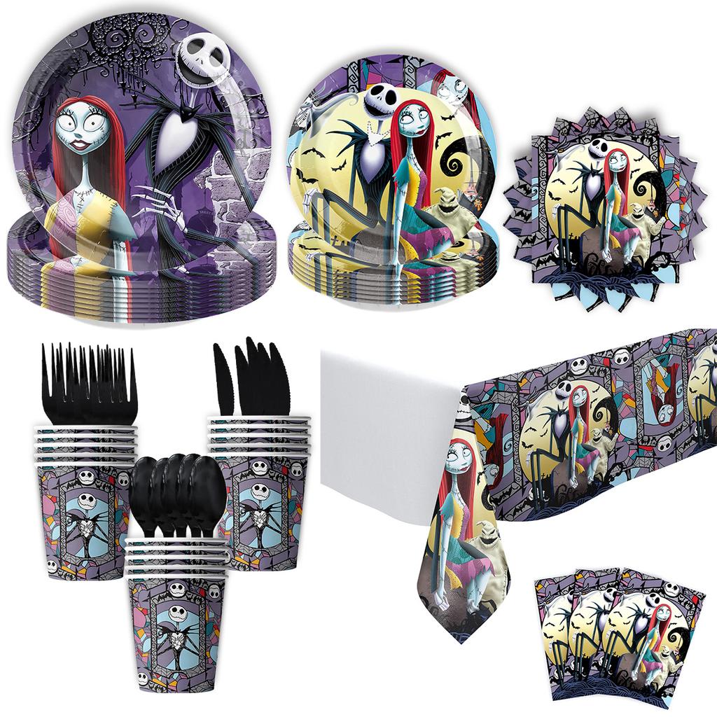 6-piece Set 66P Nightmare Before Christmas Decoration Party Supplies Gift Bag Kids Disposable Tableware Tablecloth Plates Cups N