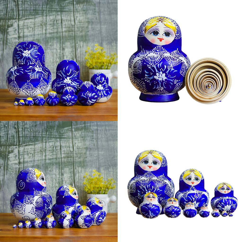 Russian Nesting Dolls 10 Pieces Hand Painted Toy Blue and White Porcelain Theme Traditional Russian Stacking Dolls