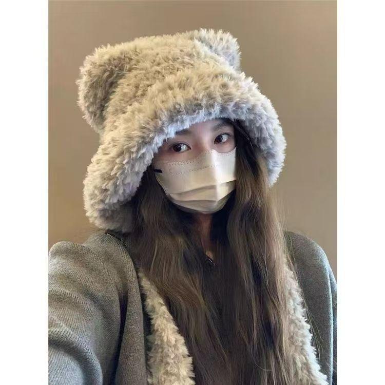 Cute Bear Plush Hat Women's Autumn and Winter Big Head Circumference Wool Hat Ear Protection Knitted Hat Windproof and Warm, Showing a Small Face