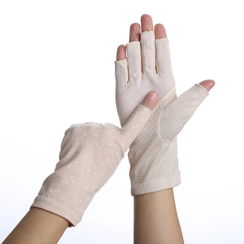

Women s Cotton Summer Gloves Fingerless Half Finger Anti-Skid Sun Protection Printing Thin Dot Short Driving Gloves