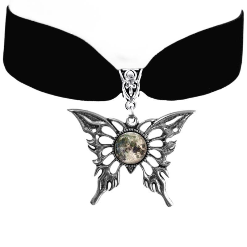 

Fashion Gothic Sliver Color Hollowed-out Butterfly Colored Glass Eyeballs Pendant Velvet Choker Necklace for Women Party Jewelry білий