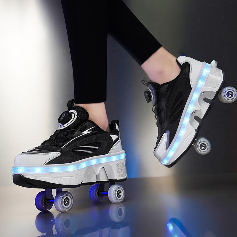 Scarpe da pattinaggio a rotelle a quattro ruote a doppia fila LED Flash Scarpe a rotelle a doppio uso Uomo Donna Sneakers casual Scarpe sportive per passeggiate con il cane
