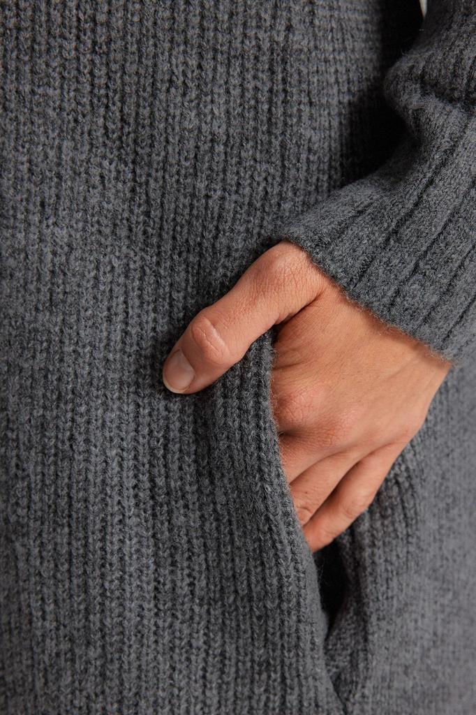 Women's Fashionable Stylish Hijab Cardigan Anthracite Belted Long Thessaloniki Knitted Knitwear Cardigan