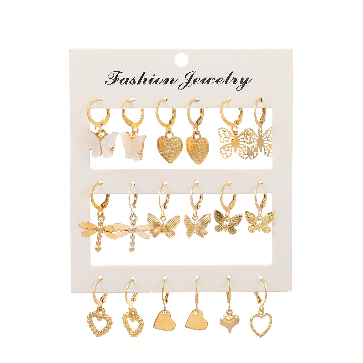 

Високоякісний гарячий розпродаж простий порожнистий набір сережок-кілець з метеликами з 9 предметів, креативні сережки з бабками з багатьма елементами, сережки-серця оптом