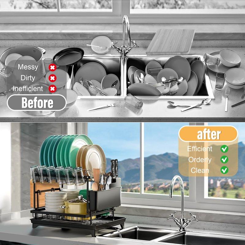 2 Tier Dish Racks for Kitchen Counter Dish Drying Rack with Dish Drainer Durable Stainless Steel Dish Rack Drain Set