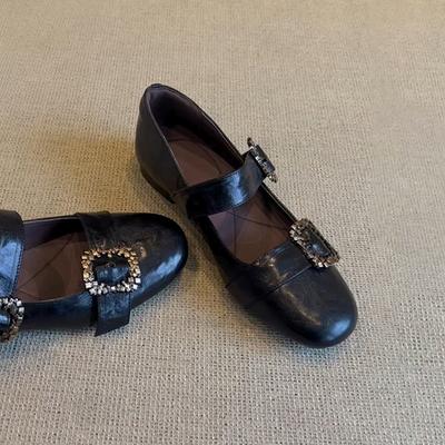 Retro ronde neus ondiepe mond kleine enkele schoenen dames platte zool een-woord gesp zwart design veelzijdige Mary Jane schoenen