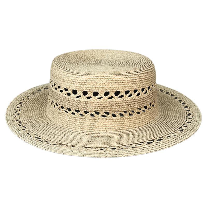 French Sweet Hand-Woven Raffia Flat Top Hat Women'S Summer Sunscreen Hollow Elegant Top Hat