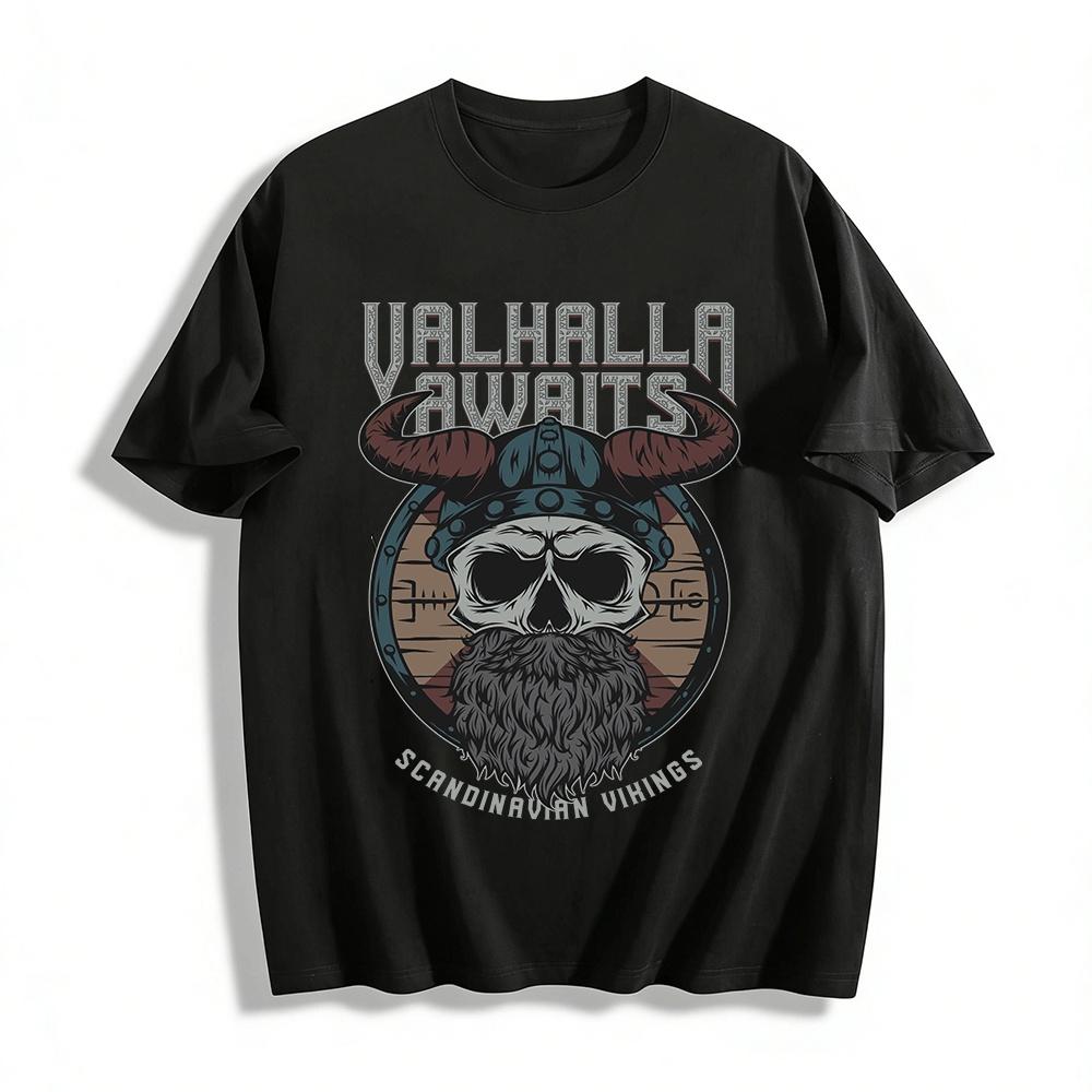 Valhalla Awaits Scandinavian Vikings Skull Graphic Tee Pure cotton T-shirt XXS