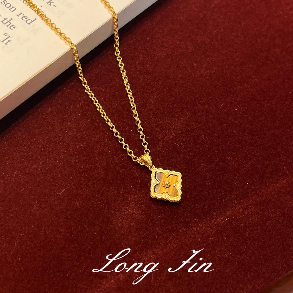 Französische Retro-Fenstergitter, Kleeblatt, Tigerauge-Stein-Set, Herbst- und Winter-Halskette, Armband, Ohrstecker, Antik und Vielseitig