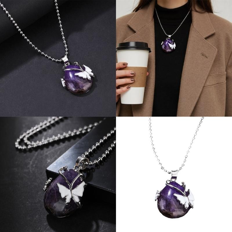 Allergy Resistant Purple Crystal Jewelry Butterfly Design Drop Pendant Necklace Clavicle Chain Charm For Daily Wear
