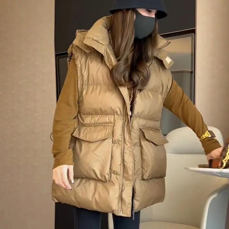 

Женские осенне-зимние повседневные пуховики-парки с карманами, куртка без рукавов с капюшоном, верхняя одежда для женщин 3XL