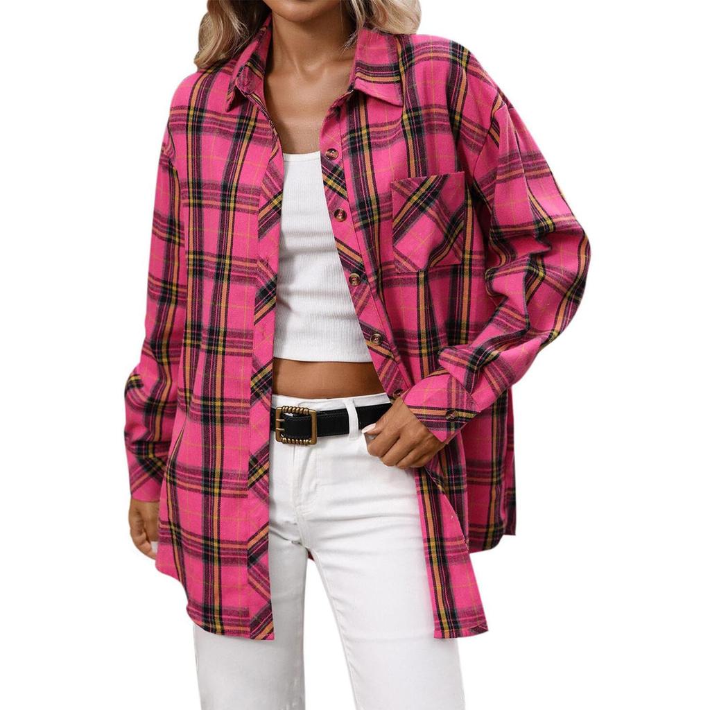 Women's Turn Down Collar Long Sleeve Flannel Oversized Casual Plaid Shirt Blouse