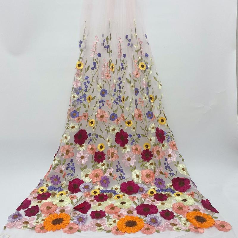 

3D Flower Embroidery Lace Mesh Fabric Water Soluble Flower Mesh Embroidery for Sweing Evening Dress Lace Fabric 130cm Width 1Yard