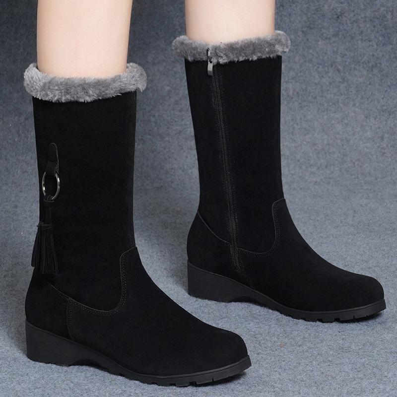 Winter Plus Velvet Thickened Mid-tube Snow Boots Women's Warm Tassel Wedge-heeled Cotton Shoes