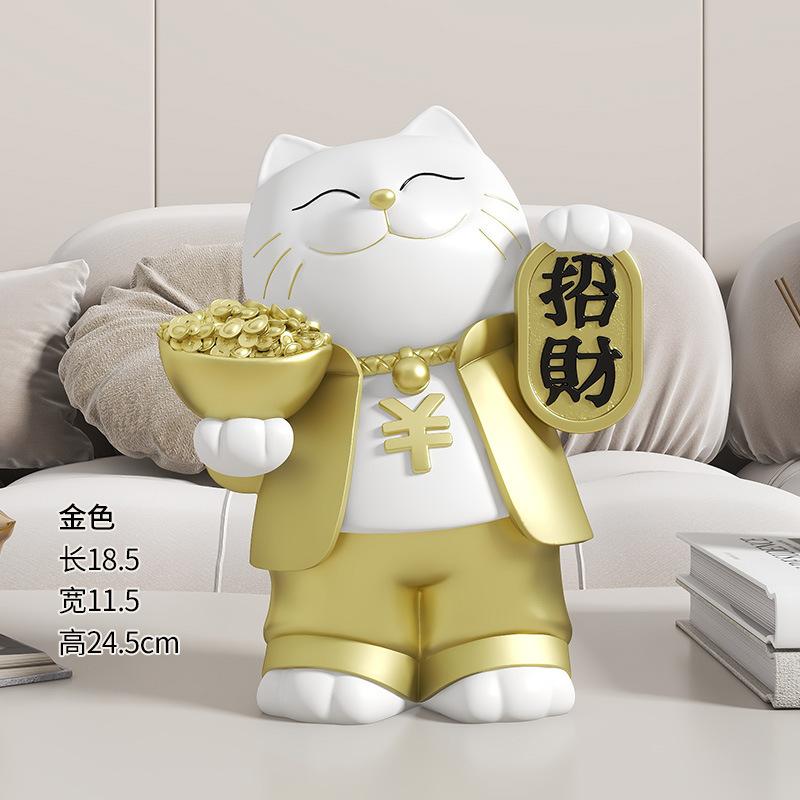 Maneki-neko Ornament for Living Room Home Decor with Ingot, Premium Housewarming Gift & Grand Opening Present for New Stores