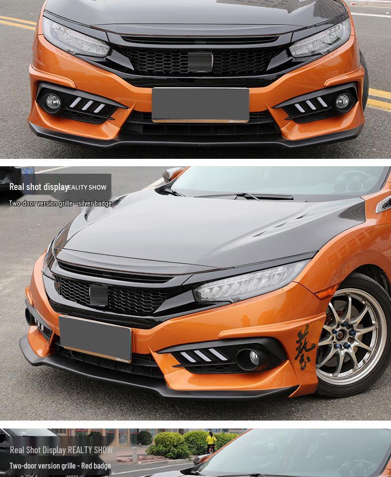 Glossy Black TR Grille & Body Kit for 2016 Civic Type R: Includes Rear Wing, Front Splitter, and Side Skirts.