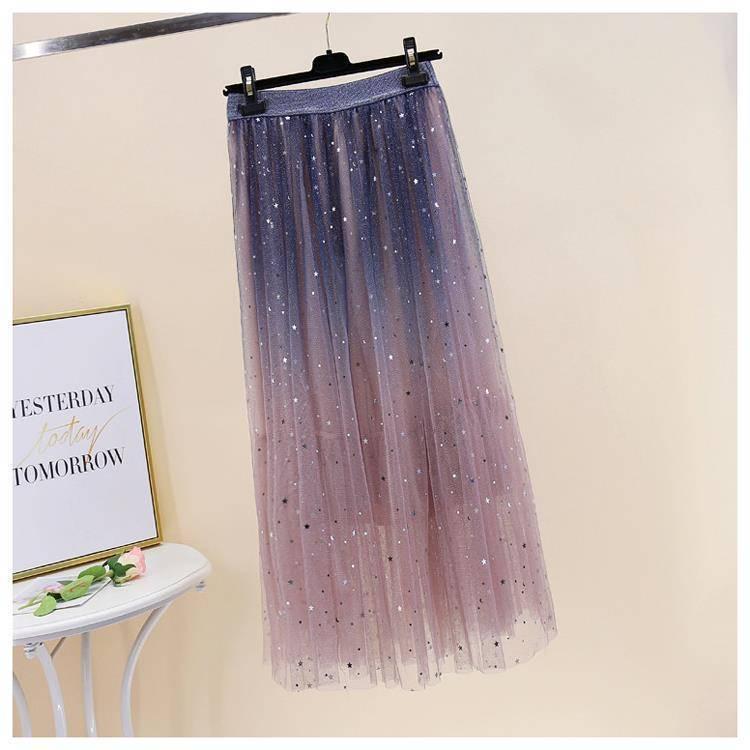 Spring Summer Skirts Women Long Tulle Skirt Sequined Pleated A Line Midi Skirt Chic High Waist Skirt