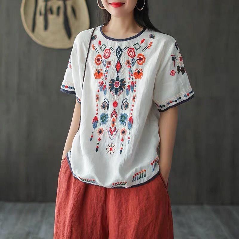 Cotton Linen Embroidered T-shirt Summer Retro Artistic Loose Versatile Pullover White Top for Women