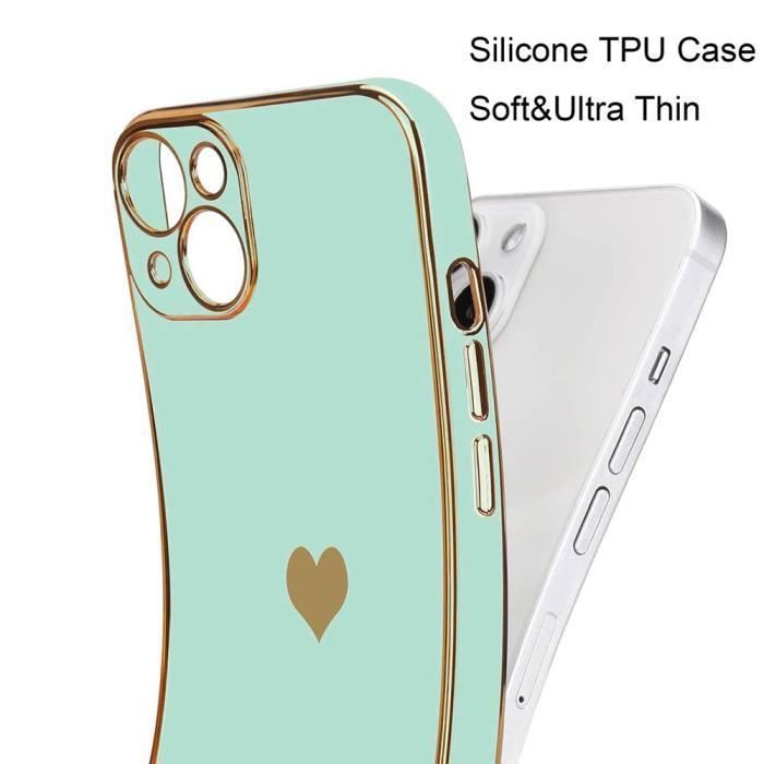 Coque de Protection - BOOLING - pour iPhone 13 Pro - Turquoise - Lot de 2 Verres Trempés - Motif Cœur Mignon