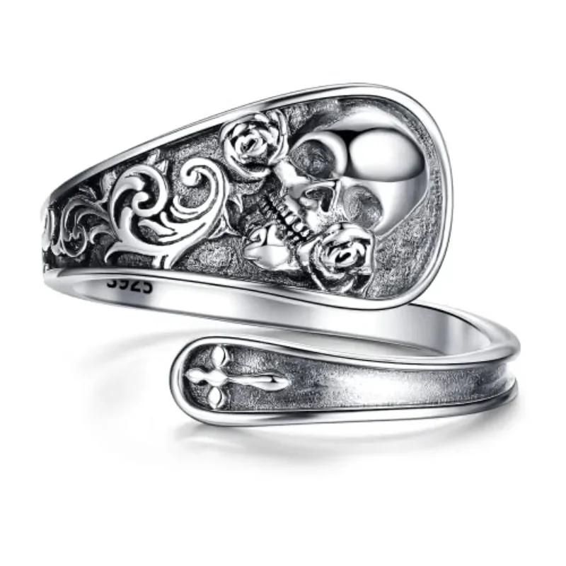 

2023 New Gothic Skull Spoon Rose Flower Adjustable Ring Bohemian Victorian Vintage Thumb Rings Zircon Christmas Gifts for Women resizable