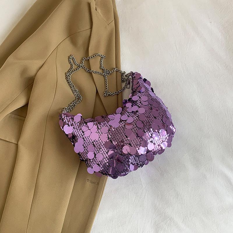

Internet celebrity personality fashion sequins shoulder bag female 2025 spring and summer new foreign style underarm bag dumpling bag Korean version f фиолетовый