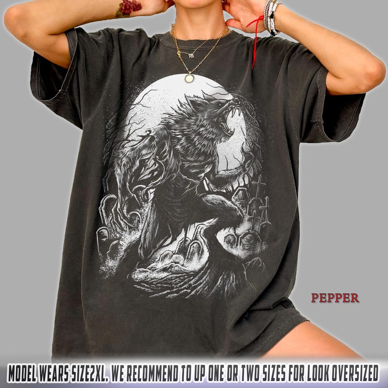 Werewolf Graphic Tee Gothic Horror Shirt, Dark Fantasy Wolf Moon T-Shirt, Spooky Graveyard Art Tee, Halloween Aesthetic Unisex Shirt S