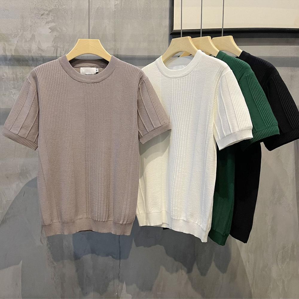 Herren Strick T-Shirt Kurzarm Schwergewicht Sommer Slim Fit Lässig Gestreiftes T-Shirt Strickwaren Ärmel Koreanischer Trend Hochelastisch