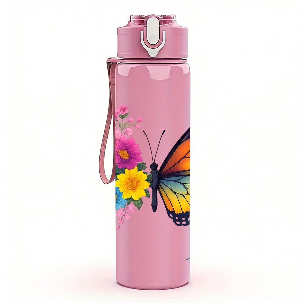 1PC Bright Colorful Butterfly 750ml Color Plastic Sports Water Bottle Leakproof Flip Straw Lid Suitable for Sports Office Home Use