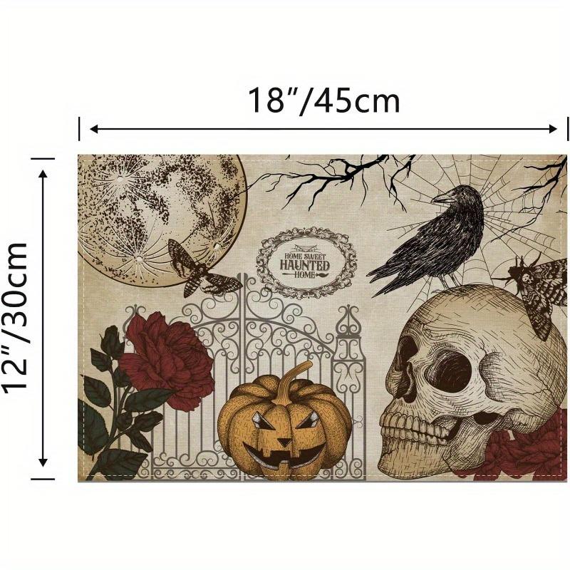 2Pcs Placemats Halloween Gothic Skull Table Mats Day of The Dead Roses Skull Decor Easter Decorations and Supplies for Home Kitchen